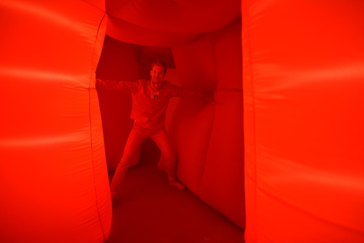 Artist Jimmy Kuehnle visits Wiggle, Giggle, Jiggle, 2016, Akron Art Museum installation view (interior). Photography by Shane Wynn