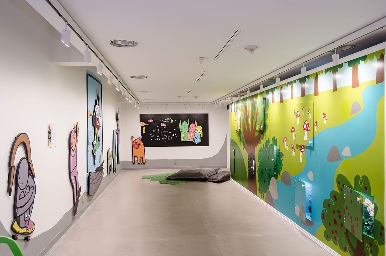 Please Touch, installation view of Jay Croft's artwork (left) and Horrible Adorables (right) Photography by Joe Levack/Studio Akron