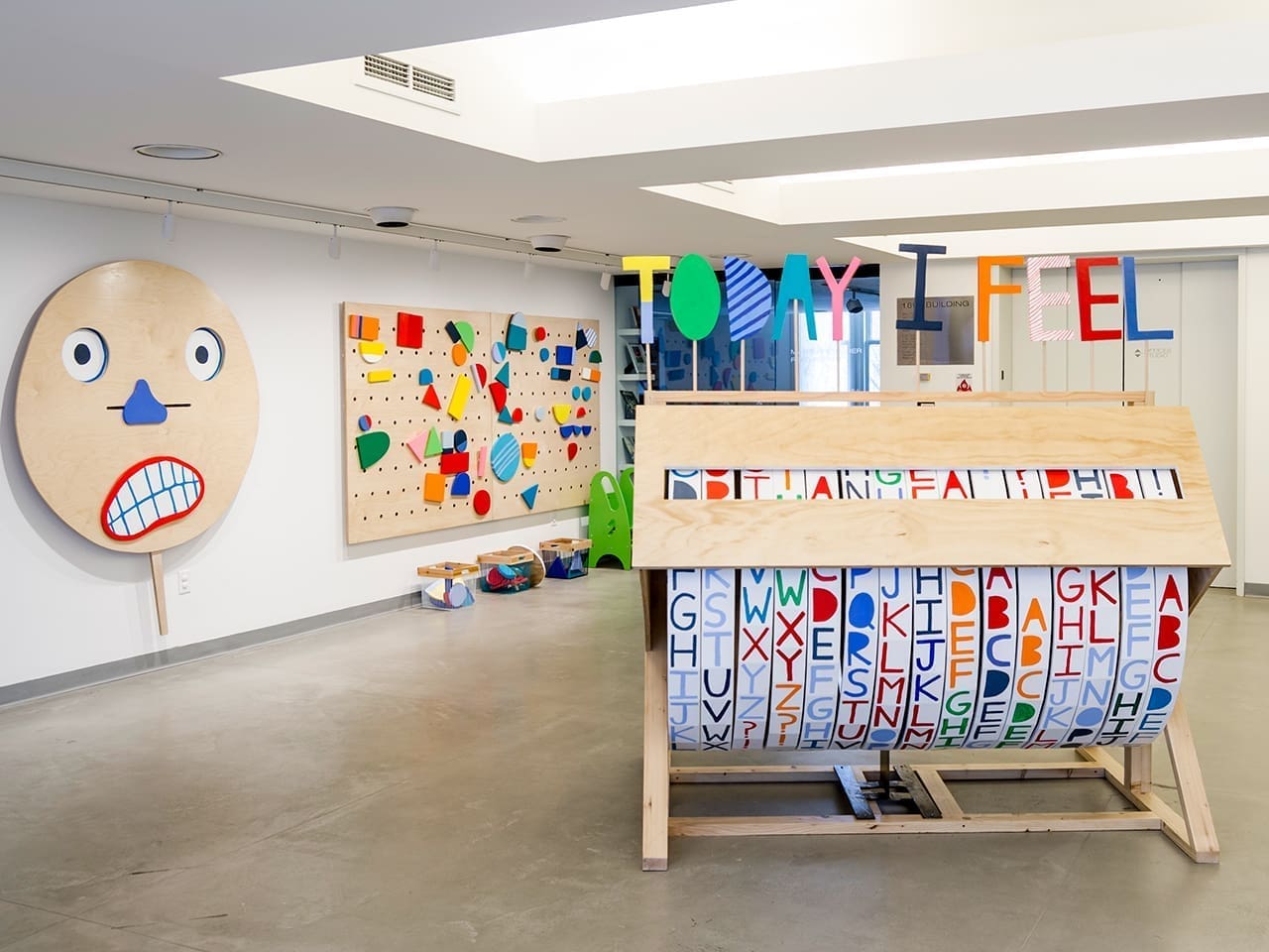 L-R: Erin Guido and John Paul Costello, Melpomene and Thalia, 2017, mixed media, courtesy of the artists; Shapes and Pegs, 2017, mixed media, courtesy of the artists; and Today I feel, 2017, mixed media, courtesy of the artists. Photography by Joe Levack/Studio Akron