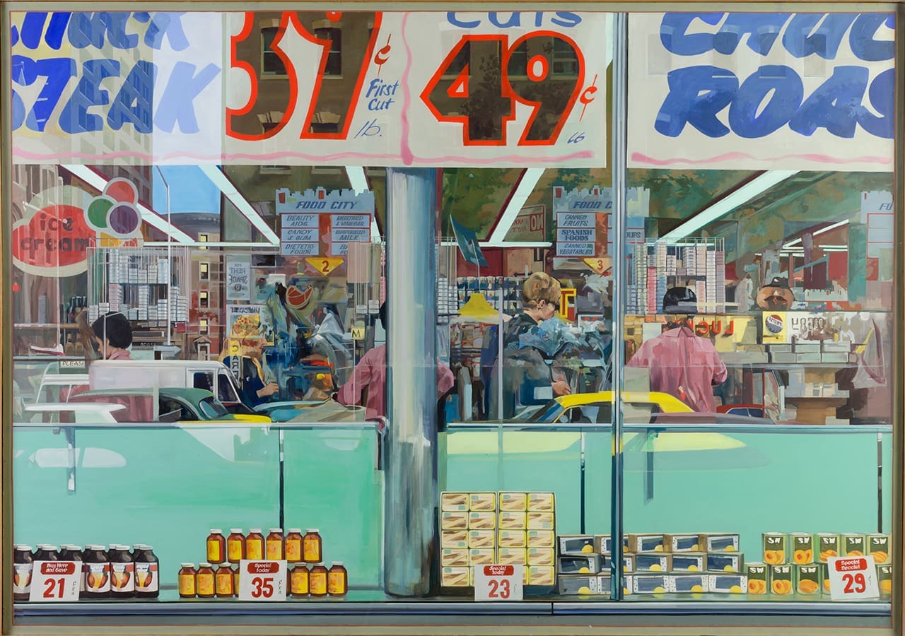Richard Estes, Food City, 1967, Oil, acrylic and graphite on fiberboard 48 in. x 68 in. Collection of the Akron Art Museum, Purchased, by exchange, with funds raised by the Masked Ball 1955-1963