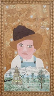 Howard Finster, Image of Elvis at Three Years Old (2021), 1981, tractor enamel on wood, Courtesy of the Arient Family Collection