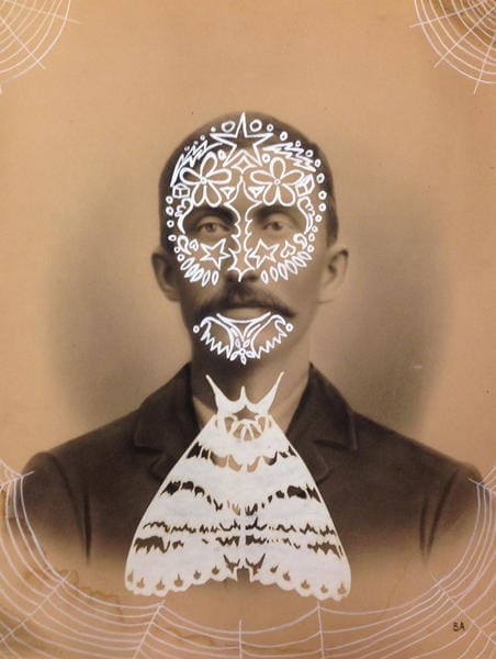 Butch Anthony, Morti Swoonia Chrisonia, 2014, vintage charcoal portrait, acrylic, pastel, paper cut-outs by Swoon, 25 1/2 x 21 1/2 in., Courtesy of the Museum of Wonder, Seale, Alabama, and Black Rat Projects, London