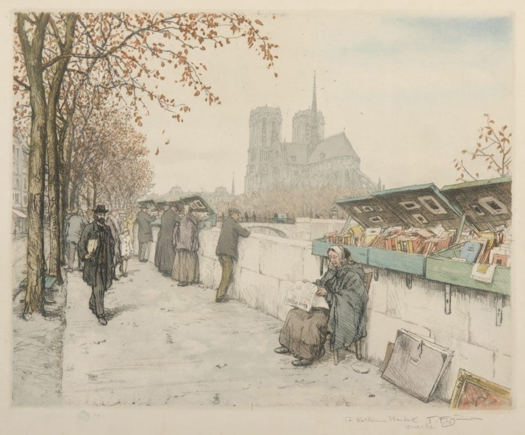 A dreary sidewalk recedes from the foreground to the left midground in an urban setting. A woman in faded and rumpled layers of clothing sits on the sidewalk in a chair pressed up against the stone barrier behind her. This wall extends along the right side of the sidewalk figures disperse along its edge overlooking the scenery below. Other figures walk either way down the sidewalk in bulky clothing. A line of skinny trees positioned on the outermost region of the street flanks the left side. Their leaves are a burnt orange. Appearing faded in the distance an impressive building erects against the skyline. Its design is elaborate considering the numerous forms that extend from the central structure.Its exterior embellishments indicate a Gothic style. 