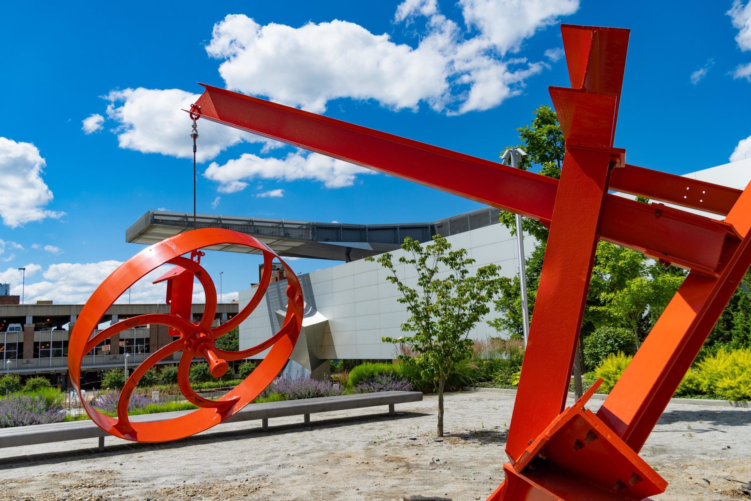 Eagle Wheel, Mark di Suvero, (Shanghai, China, 1933 - ), 1976-1979, Painted steel, 149 in. x 252 in. x 176 in. (378.46 cm x 640.08 cm x 447.04 cm), Purchased with funds from the National Endowment for the Arts, The Sisler McFawn Foundation, and the Museum Acquisition Fund, 1980.48