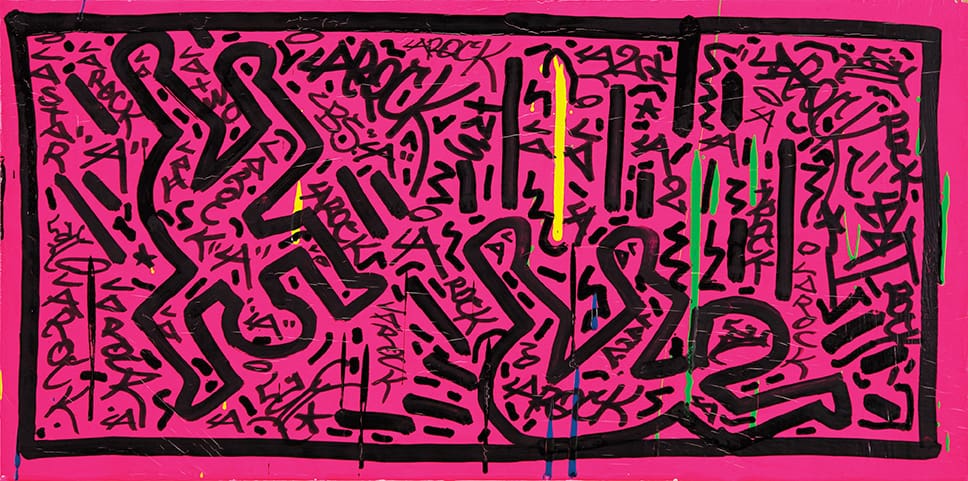 KEITH HARING (Collaboration with LA II) Above: Untitled / Sin título, 1982 Acrylic and ink on fiberboard / Acrílico y tinta sobre cartón de madera 11 3/4 x 23 3/8 x 3/4 in. (29.8 x 59.4 x 1.9 cm)