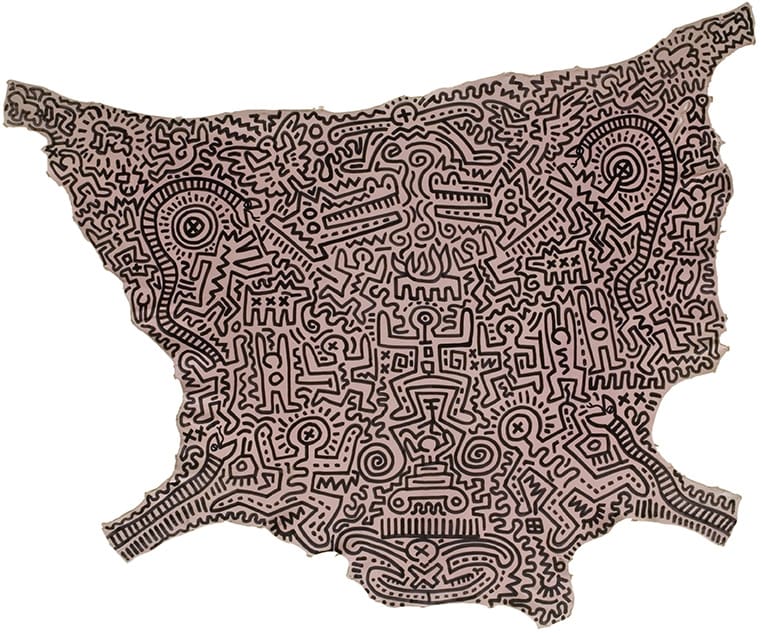 KEITH HARING Untitled / Sin título, 1984 Ink on leather / Tinta sobre cuero 35 x 42 in. (89 x 106.7 cm)