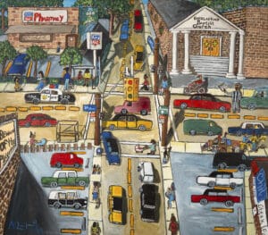 Michelangelo Lovelace. At The Intersection of St. Clair-N-Eddy Road, 1997. Acrylic on canvas. Courtesy of the estate and Fort Gansevoort. © Michelangelo Lovelace Estate