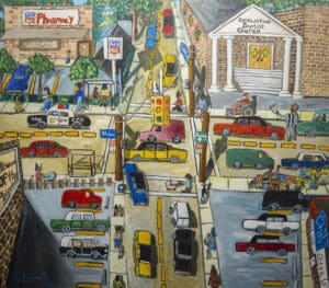 Michelangelo Lovelace. At the Intersection of Eddy Rd. and St. Clair Avenue, 1997. Acrylic on canvas. Courtesy of the estate and Fort Gansevoort. © Michelangelo Lovelace Estate