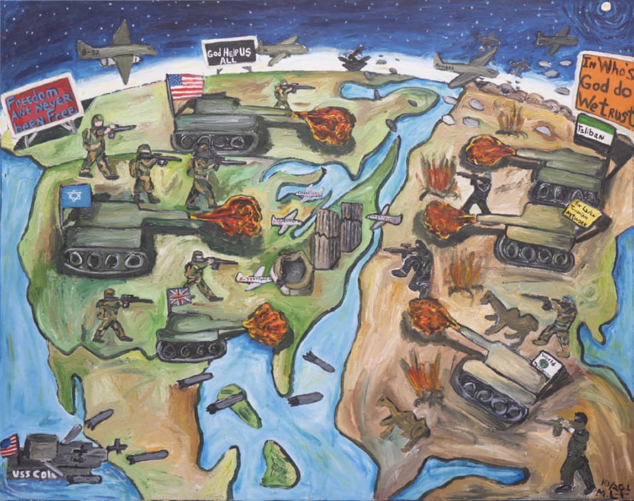 Michelangelo Lovelace. What Happened to World Peace?, 2001. Acrylic on canvas. Courtesy of the estate and Fort Gansevoort. © Michelangelo Lovelace Estate