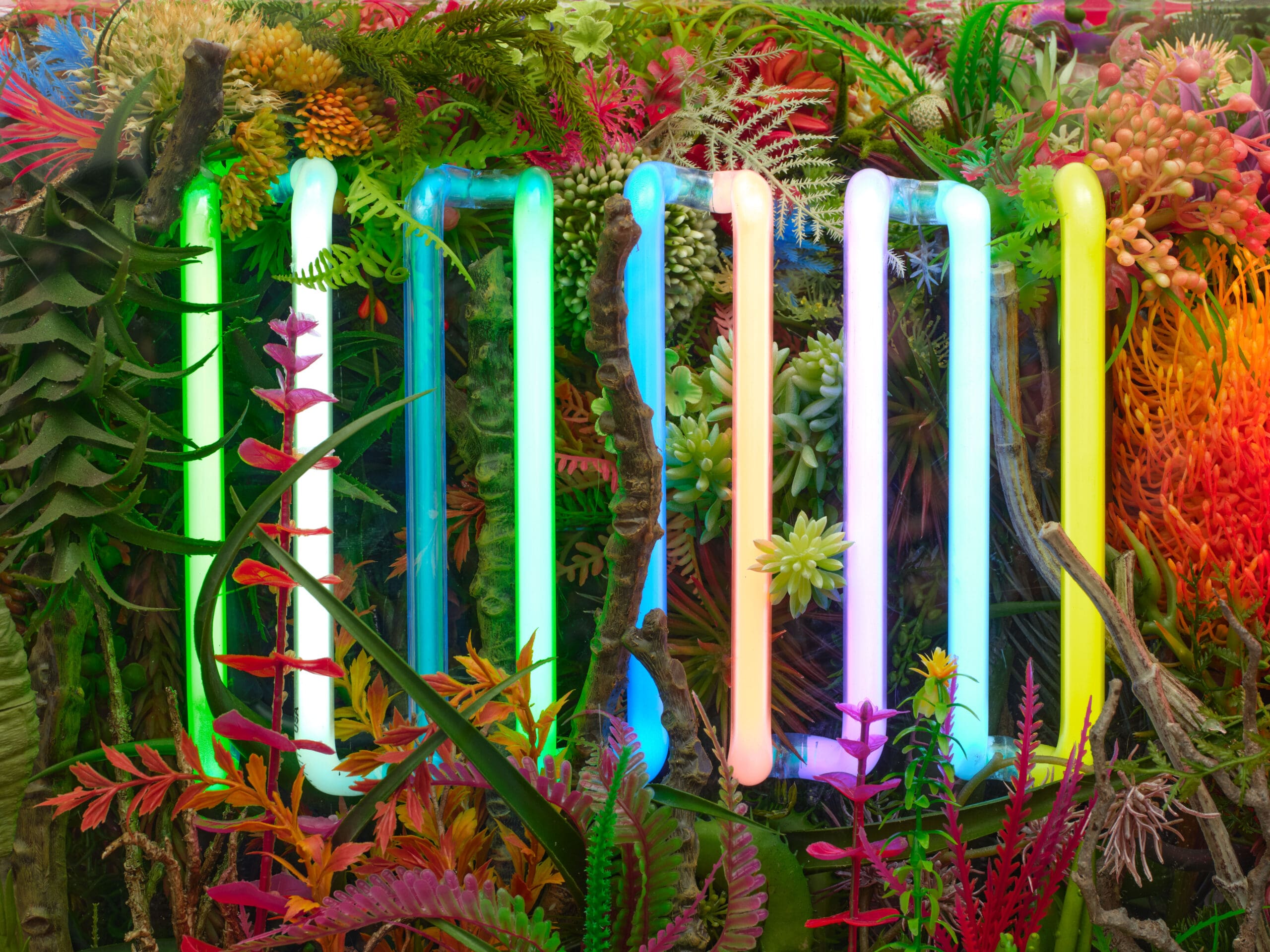 Max Hooper Schneider. Botanical Proving Ground, 2022. Vintage neon color grids, custom acrylic vitrine, plastic flora, epoxy resin, clear rubber, powder coated steel base. Courtesy of the Artist and François Ghebaly ©Max Hooper Schneider