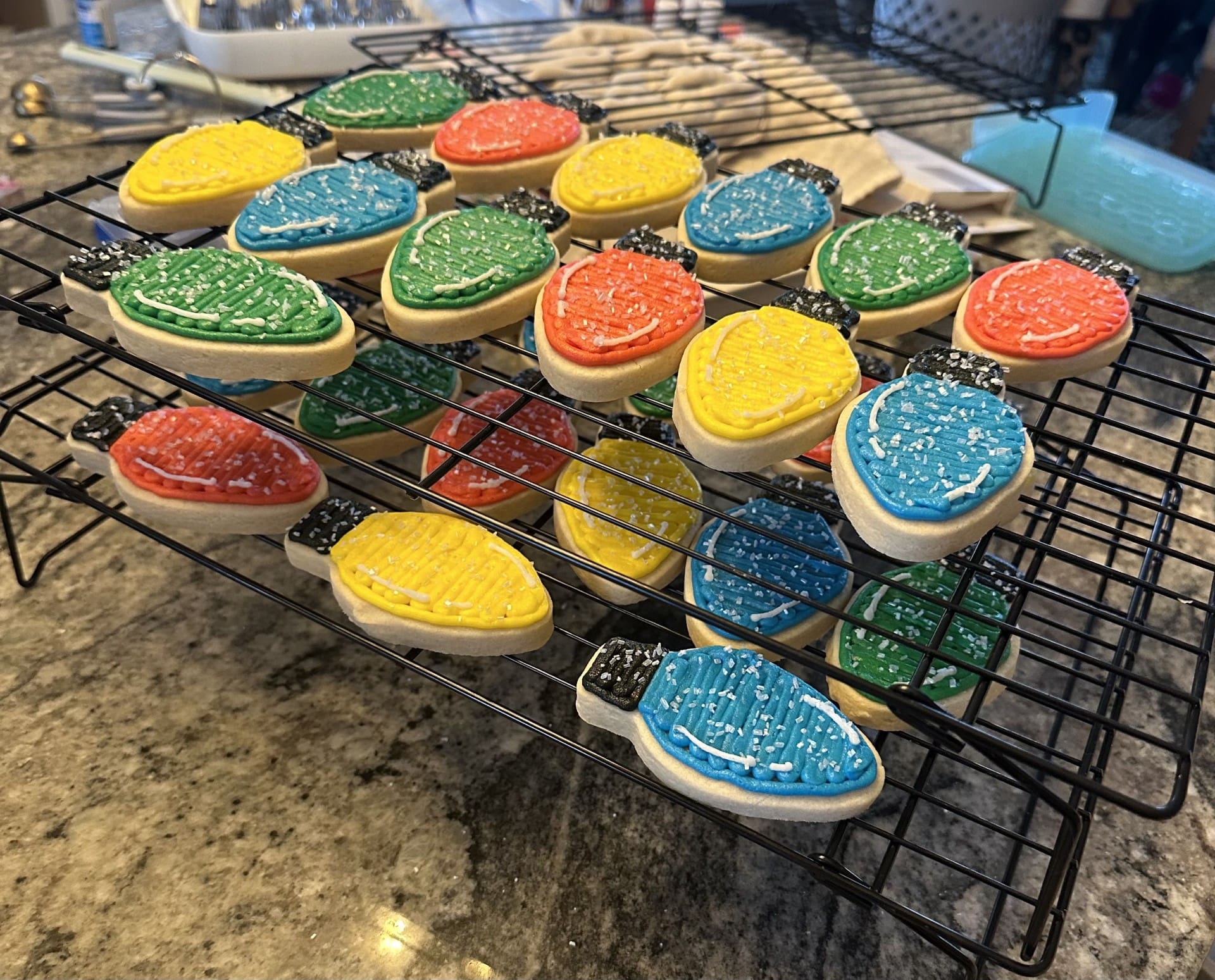 Gingerbread cookies shaped and decorated like Christmas lights