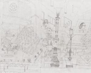 Alfred McMoore. Untitled [Funeral Scene], mid 1990s. Graphite on roll paper. 60 x 540 in. (152.4 x 1371.6 cm). Collection of the Akron Art Museum. Gift of Charles Auerbach, 1995.5