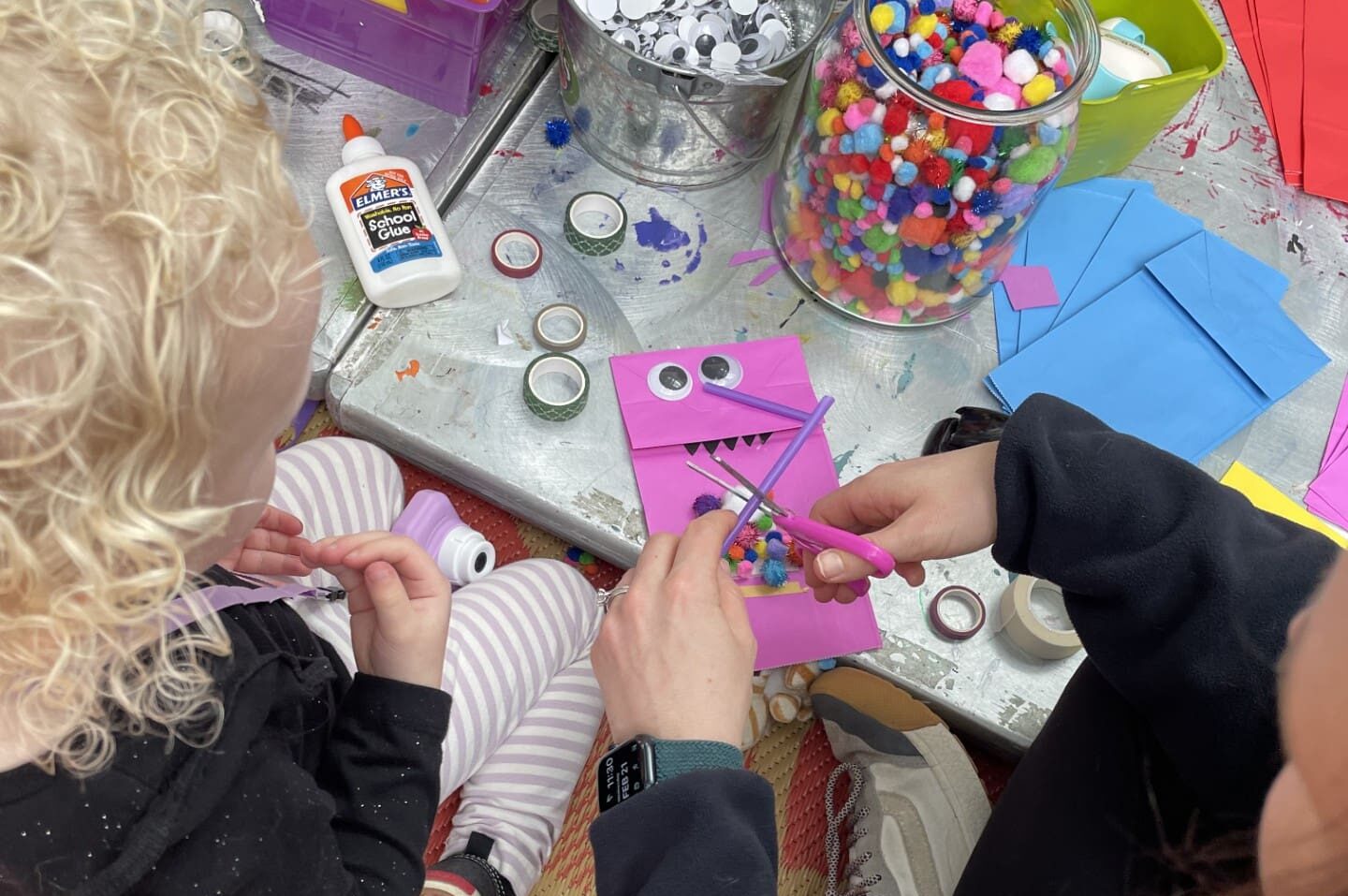 A family making crafts.