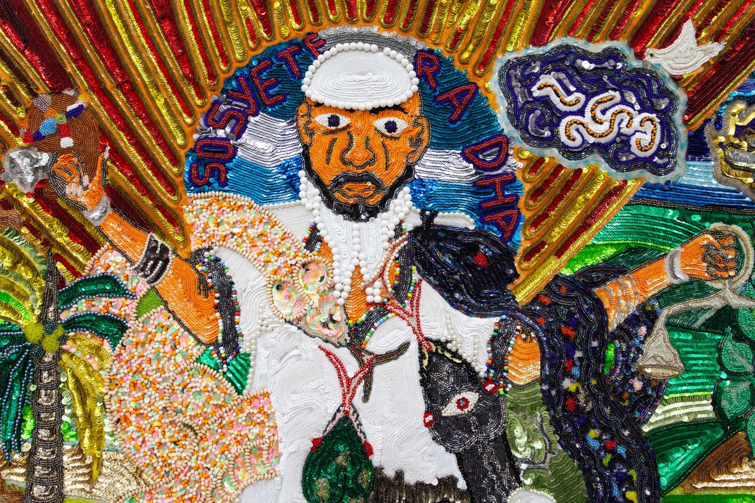 Myrlande Constant. Sosyete Radha, 2024. Beads, sequins, and tassels on fabric. Courtesy of the artist and Fort Gansevoort Gallery, New York