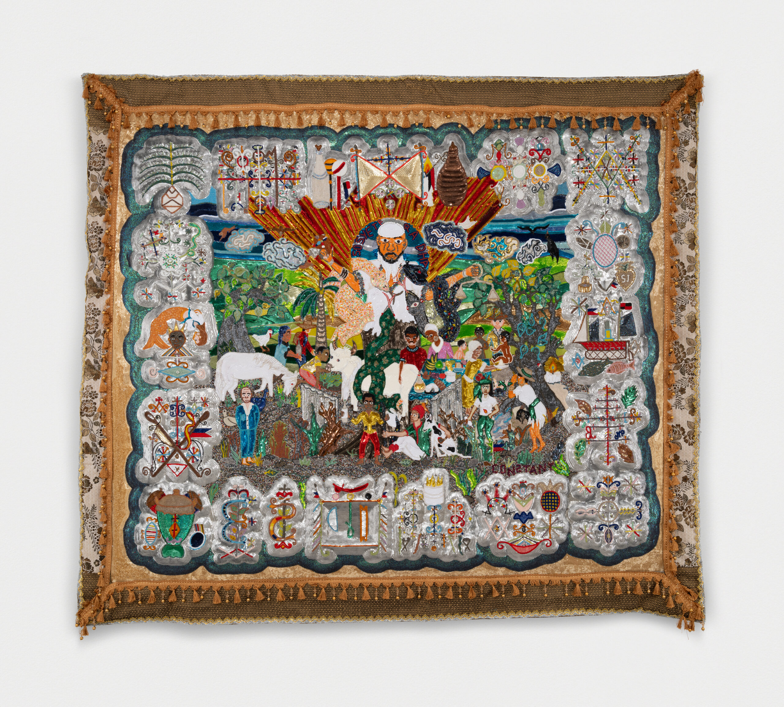 Myrlande Constant. Sosyete Radha, 2024. Beads, sequins, and tassels on fabric. Courtesy of the artist and Fort Gansevoort Gallery, New York