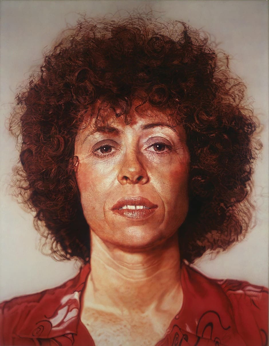 Chuck Close. Linda, 1975-1976. Acrylic and graphite on gessoed linen. 108 x 84 in. (274.3 x 213.4 cm). Collection of the Akron Art Museum. Purchased with funds from an anonymous contribution, an anonymous contribution in honor of Ruth C. Roush, and the Museum Acquisition Fund 1982.3