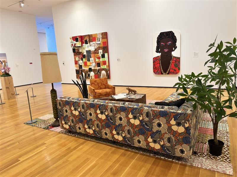 The Mickalene Thomas installation in the Akron Art Museum featuring Portrait of Qusuquzah #5