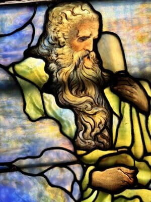 Tiffany Studios. Transfiguration (lancet detail), 1917. Leaded Favrile and painted glass. Loan courtesy of KDT Charitable Trust.
