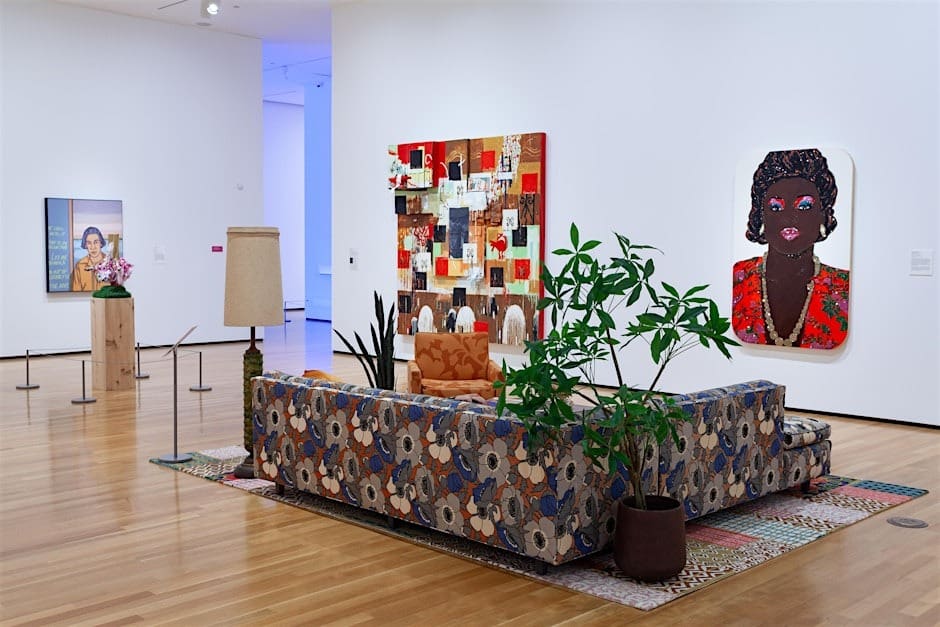 The interior of the Akron Art Museum's Haslinger Galleries featuring several works currently on view.