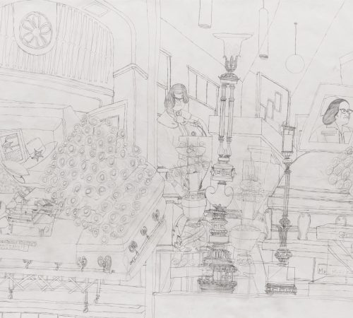 Alfred McMoore. Untitled [Funeral Scene], mid 1990s. Graphite on roll paper. 60 x 540 in. (152.4 x 1371.6 cm). Collection of the Akron Art Museum. Gift of Charles Auerbach, 1995.5