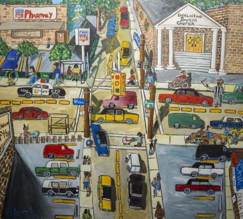 Michelangelo Lovelace. At the Intersection of St. Clair-N-Eddy Road, 1997. Acrylic on canvas. Courtesy of the estate and Fort Gansevoort. © Michelangelo Lovelace Estate